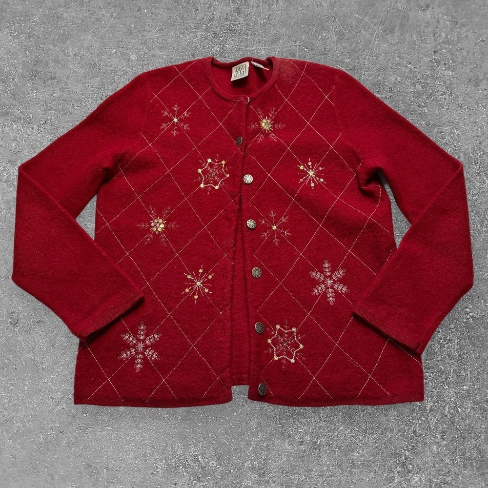 Field Gear Women Red Wool Cardigan Snowflake Diamond Grid Christmas Sweater L